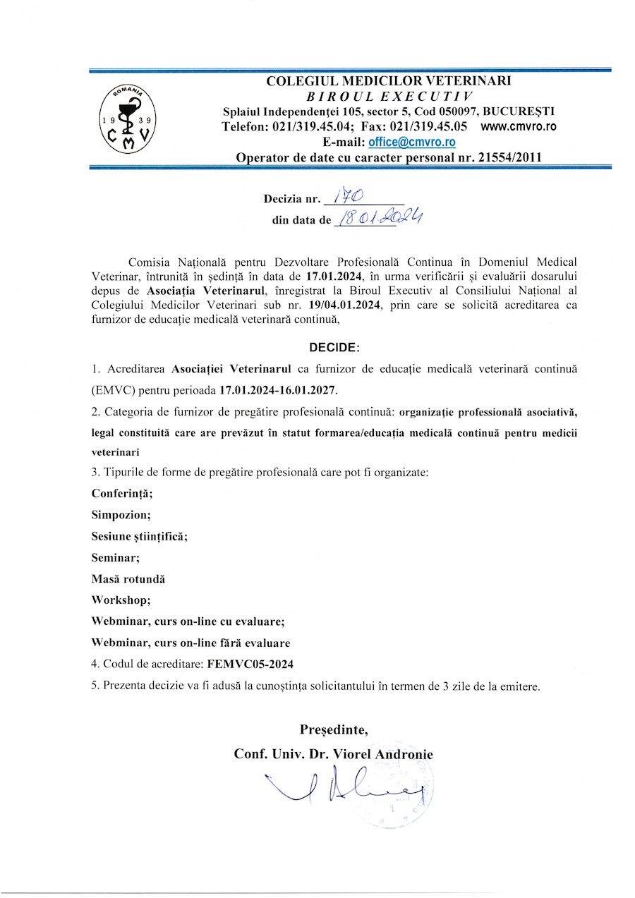 Decizie acreditare furnizor EMVC Asociatia Veterinarul